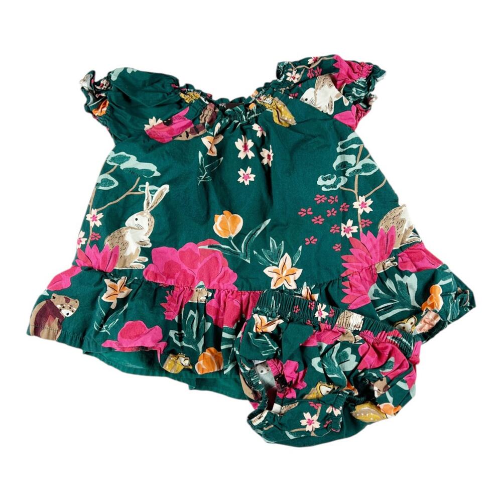 Tea Collection Forest Floral In Green Puff Sleeve Dress 9-12 months